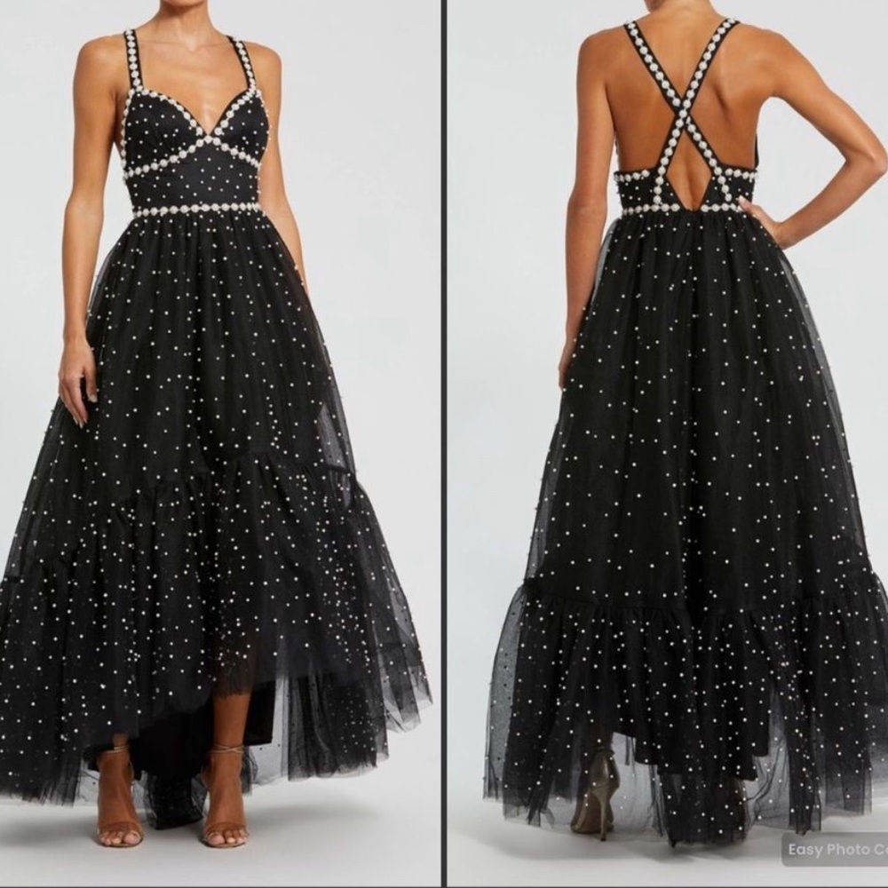 MAC DUGGAL Black Pearl Beaded High Low Gown - 4
